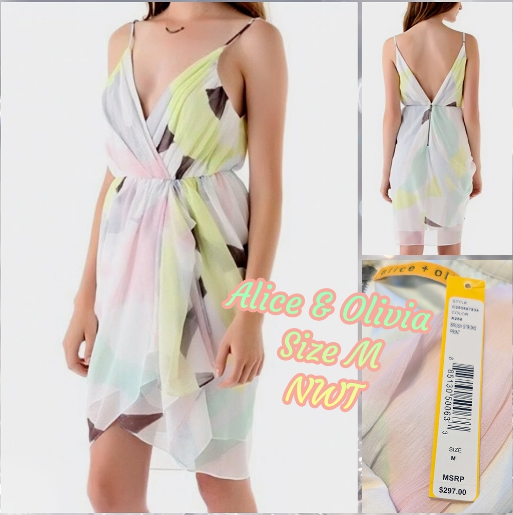 NWT, Alice + Olivia Isadora Wrap Pastel Chiffon Ruffle Draped Dress Size Medium